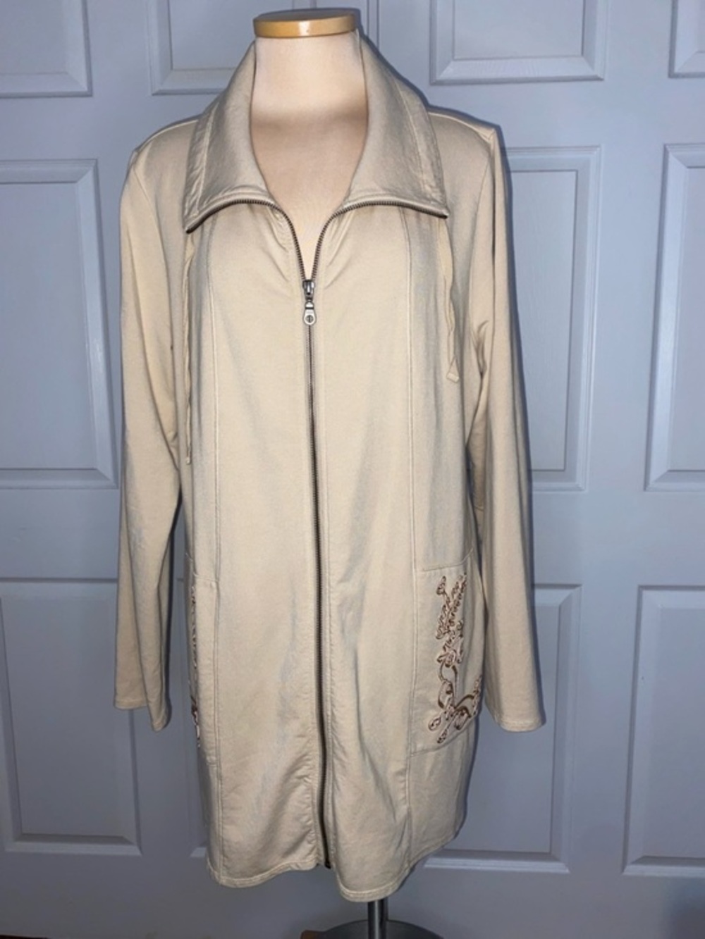 Soft Surroundings Cream Zip-Front Utility Jacket w/ Embroidered Pockets Neutral
